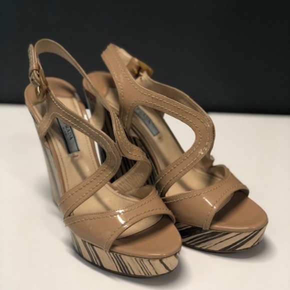 Prada Wedges Wood Heel EUC Nude Beige Tan 37 1/2 - Picture 1 of 7